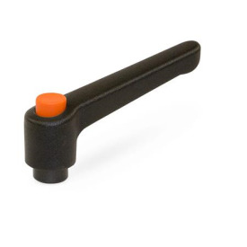 WN 303 Plastic Adjustable Levers with Push Button, Tapped or Plain Bore Type, with Blackened Steel Components Lever color: SW - Black, RAL 9005, textured finish<br />Push button color: O - Orange, RAL 2004