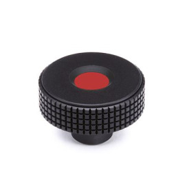 EN 534 Perillas moleteadas corte de diamante de plástico tecnopolímero, con inserto ciego roscado o liso de latón, con tapón de color Color del tapón: DRT - Rojo, RAL 3000, acabado mate