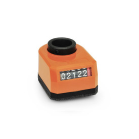 EN 953 Plastic Digital Position Indicators, 5 Digit Display, Steel Shaft Receptacle, Mechanical Counter Installation (front view): AR - On the chamfer, below<br />Color: OR - Orange, RAL 2004, shiny finish
