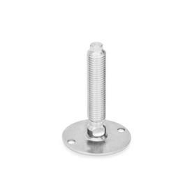 GN 41 Metric Thread, Stainless Steel Leveling Feet, Tapped Socket or Threaded Stud Type Type (Base): B0 - Without rubber pad / cap, with 2 mounting holes<br />Version (Stud / Socket): V - Without nut, external hex at the top, wrench flat at the bottom
