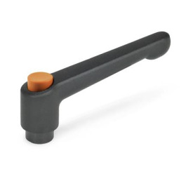 GN 303 Zinc Die-Cast Adjustable Levers with Push Button, Tapped or Plain Bore Type, with Blackened Steel Components Push button color: O - Orange, RAL 2004