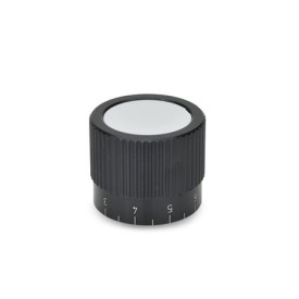 GN 726.1 Aluminum Knurled Control Knobs, Straight Shoulder, Plain Bore or Collet Type Type: S - With scale 0...9, 20 graduations<br />Identification no.: 2 - With collet