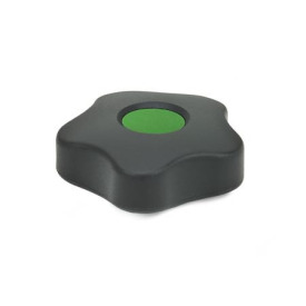EN 5331 Perillas de cinco lóbulos de plástico tecnopolímero, con inserto cuadrado o roscado de latón, tipo bajo, con tapones de cubierta de colores Tipo: B - Con tapón de la cubierta<br />Color del tapón de la cubierta: DGN - Verde, RAL 6017, acabado mate