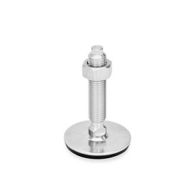 GN 41 Metric Thread, Stainless Steel Leveling Feet, Tapped Socket or Threaded Stud Type Type (Base): D3 - With rubber pad, vulcanized, black<br />Version (Stud / Socket): VK - With nut, external hex at the top, wrench flat at the bottom