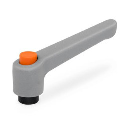 WN 303 Plastic Adjustable Levers with Push Button, Tapped or Plain Bore Type, with Blackened Steel Components Lever color: GS - Gray, RAL 7035, textured finish<br />Push button color: O - Orange, RAL 2004
