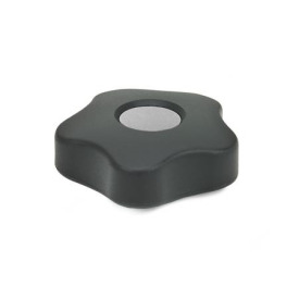 EN 5331 Perillas de cinco lóbulos de plástico tecnopolímero, con inserto cuadrado o roscado de latón, tipo bajo, con tapones de cubierta de colores Tipo: B - Con tapón de la cubierta<br />Color del tapón de la cubierta: DGR - Gris, RAL 7035, acabado mate