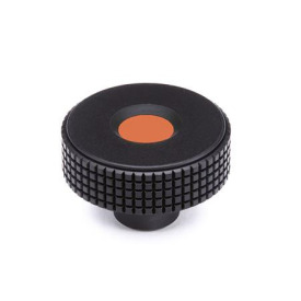 EN 534 Perillas moleteadas corte de diamante de plástico tecnopolímero, con inserto ciego roscado o liso de latón, con tapón de color Color del tapón: DOR - Naranja, RAL 2004, acabado mate