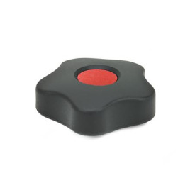 EN 5331 Technopolymer Plastic Five-Lobed Knobs, with Brass Square or Tapped Insert, Low Type, with Colored Cover Caps Type: B - With cover cap<br />Color of the cover cap: DRT - Red, RAL 3000, matte finish
