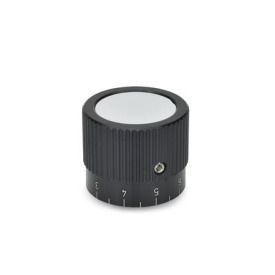 GN 726.1 Aluminum Knurled Control Knobs, Straight Shoulder, Plain Bore or Collet Type Type: S - With scale 0...9, 20 graduations<br />Identification no.: 1 - With set screw