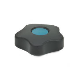 EN 5331 Perillas de cinco lóbulos de plástico tecnopolímero, con inserto cuadrado o roscado de latón, tipo bajo, con tapones de cubierta de colores Tipo: B - Con tapón de la cubierta<br />Color del tapón de la cubierta: DBL - Azul, RAL 5024, acabado mate