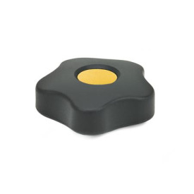 EN 5331 Perillas de cinco lóbulos de plástico tecnopolímero, con inserto cuadrado o roscado de latón, tipo bajo, con tapones de cubierta de colores Tipo: B - Con tapón de la cubierta<br />Color del tapón de la cubierta: DGB - Amarillo, RAL 1021, acabado mate