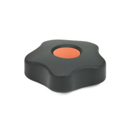 EN 5331 Technopolymer Plastic Five-Lobed Knobs, with Brass Square or Tapped Insert, Low Type, with Colored Cover Caps Type: B - With cover cap<br />Color of the cover cap: DOR - Orange, RAL 2004, matte finish