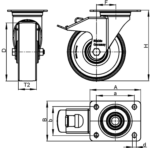 LK-POTH Steel Medium Duty Swivel Caster with Polyurethane Treaded Wheel, with Plate Mounting, Medium-Heavy Duty Bracket Series sketch