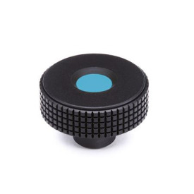 EN 534 Perillas moleteadas corte de diamante de plástico tecnopolímero, con inserto ciego roscado o liso de latón, con tapón de color Color del tapón: DBL - Azul, RAL 5024, acabado mate