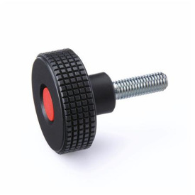 EN 534 Perillas moleteadas corte de diamante de plástico tecnopolímero, con espárrago roscado de acero, con tapón de color Color del tapón: DRT - Rojo, RAL 3000, acabado mate