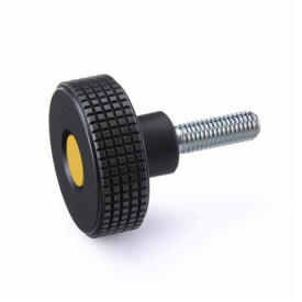 EN 534 Perillas moleteadas corte de diamante de plástico tecnopolímero, con espárrago roscado de acero, con tapón de color Color del tapón: DGB - Amarillo, RAL 1021, acabado mate