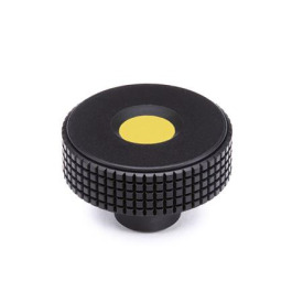 EN 534 Perillas moleteadas corte de diamante de plástico tecnopolímero, con inserto ciego roscado o liso de latón, con tapón de color Color del tapón: DGB - Amarillo, RAL 1021, acabado mate