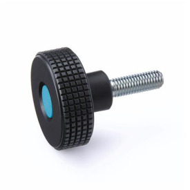 EN 534 Perillas moleteadas corte de diamante de plástico tecnopolímero, con espárrago roscado de acero, con tapón de color Color del tapón: DBL - Azul, RAL 5024, acabado mate