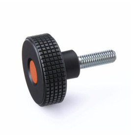 EN 534 Perillas moleteadas corte de diamante de plástico tecnopolímero, con espárrago roscado de acero, con tapón de color Color del tapón: DOR - Naranja, RAL 2004, acabado mate
