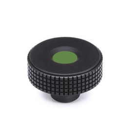 EN 534 Perillas moleteadas corte de diamante de plástico tecnopolímero, con inserto ciego roscado o liso de latón, con tapón de color Color del tapón: DGN - Verde, RAL 6017, acabado mate